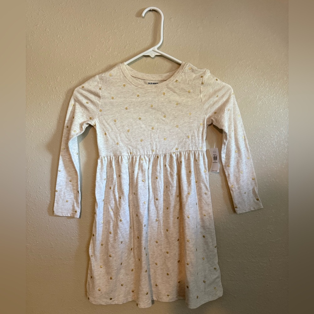 Old Navy NWT Girls Long Sleeve Gray/Gold Polka Dot Dress 5T